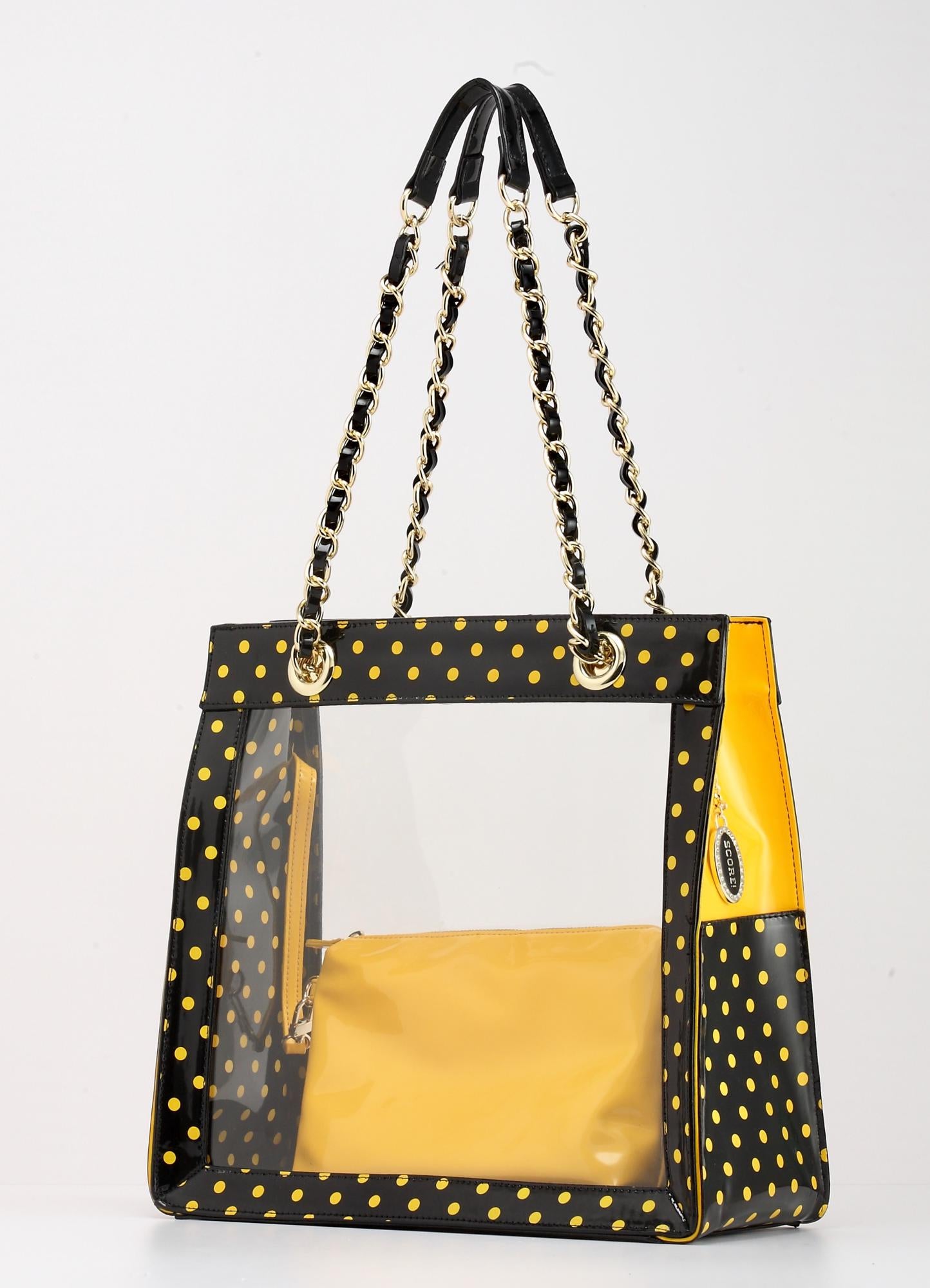 Steve Madden Lg Zip Tote Purse Bag Black Cream Yellow Strap & Handles  16x13x4